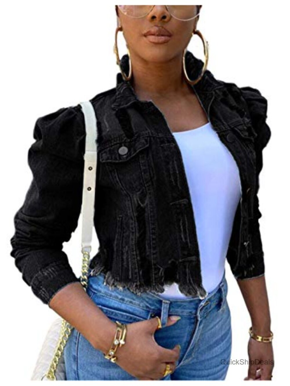 Women's Crop Denim Jacket Puff Sleeve Distressed Raw Hem Button Down